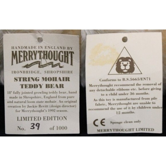VTG 1992 LE Merrythought String Mohair Jointed Teddy Bear Jackie Revitt Ribbon - Picture 10 of 10